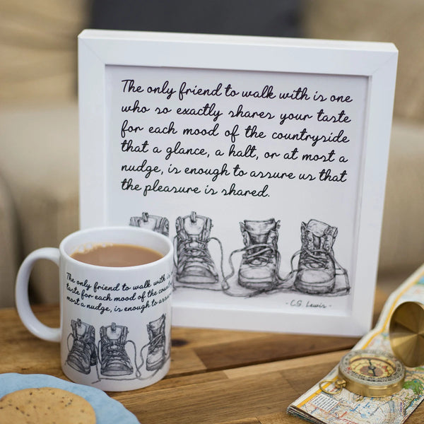 C.S. Lewis walking friendship quote mug of tea next to the matching framed art print.