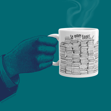 Turquoise and blue graphic of a hand holding a black and white So Many Books So Little Time Mug with pile of books illustration by Wit and Wisdom