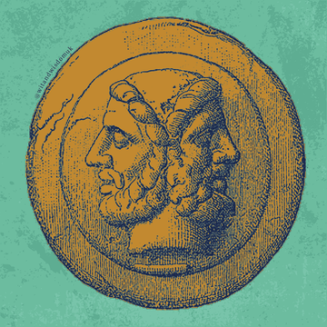 Illustration of a gold Janus coin on a mint green background