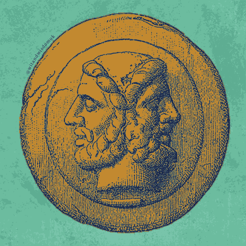 Illustration of a gold Janus coin on a mint green background
