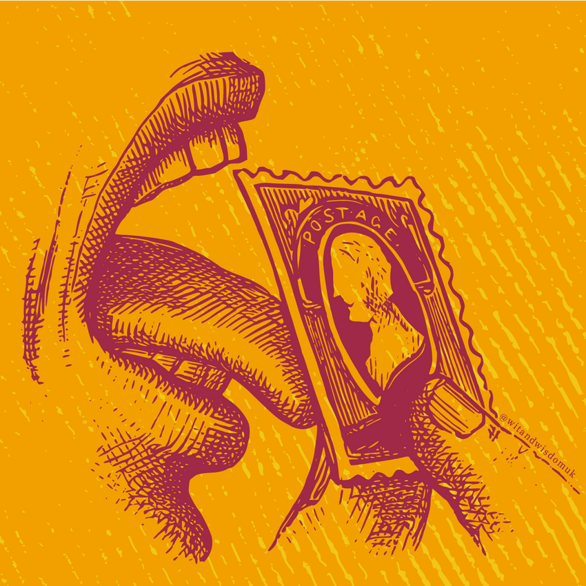 Closeup drawing of a tongue licking a postage stamp