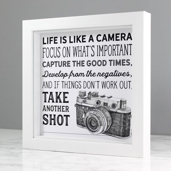 Framed art print for photographers and photography enthusiasts, with inspirational life quote and vintage camera illustration by Wit & Wisdom UK.