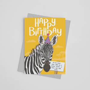 Children's birthday card with a zebra wearing a party hat and fun fact about zebras designed by Wit and Wisdom