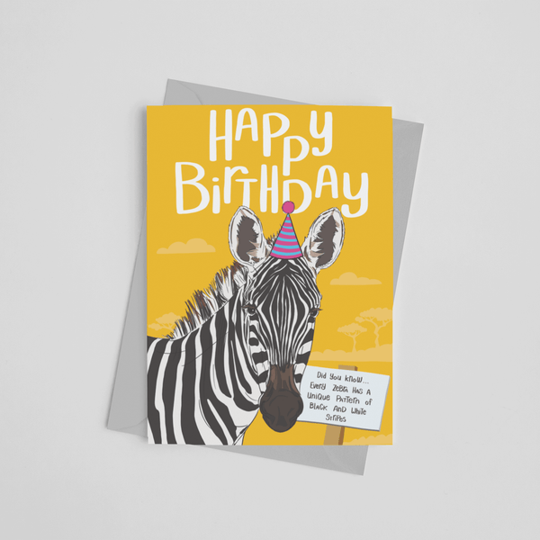 Children's birthday card with a zebra wearing a party hat and fun fact about zebras designed by Wit and Wisdom