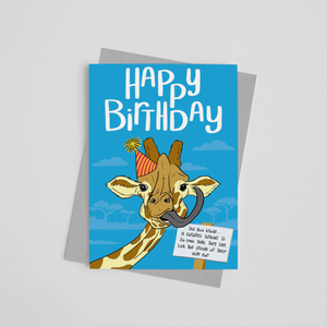 Children's birthday card with Giraffe wearing a party hat and fun fact