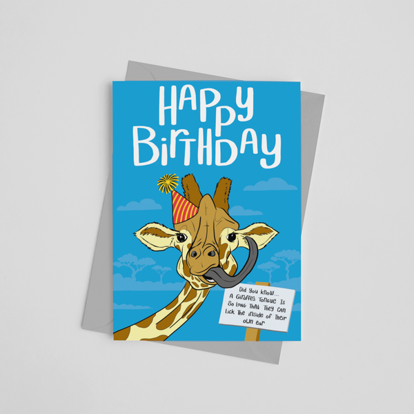 Children's birthday card with Giraffe wearing a party hat and fun fact