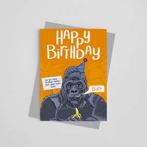 Children's birthday card with Gorilla wearing a party hat and fun fact abut Gorillas by Wit and Wisdom