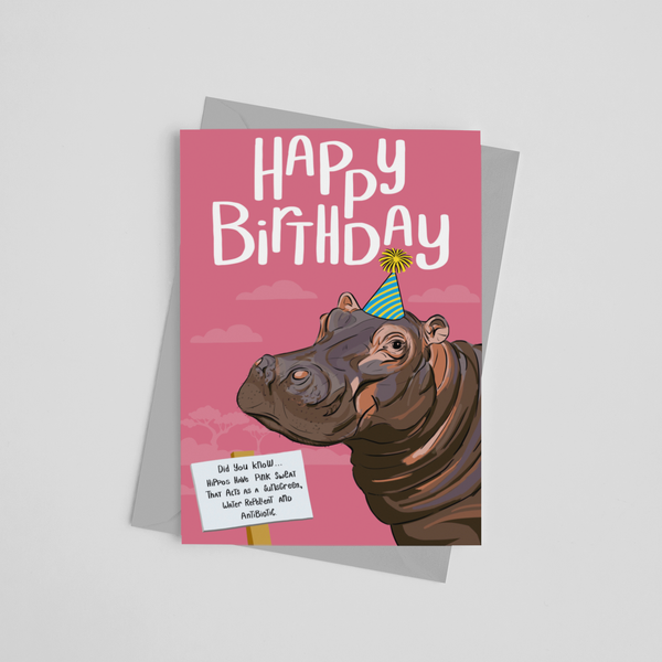 Children's birthday card with a hippo wearing a party hat and fun fact about hippos designed by Wit and Wisdom