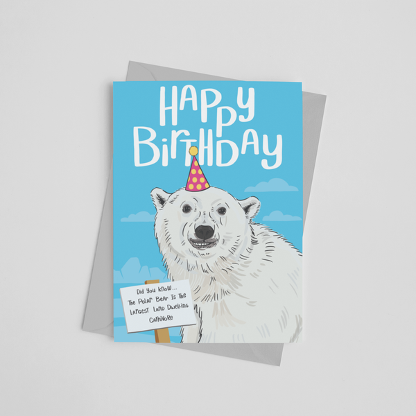 Children's birthday card with a polar bear wearing a party hat and fun fact about polar bears designed by Wit and Wisdom